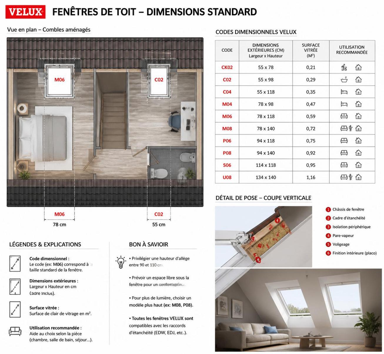 découvrez les dimensions standard des fenêtres velux, leur apport en lumière naturelle et leur impact sur le bilan thermique de votre toit pour optimiser confort et efficacité énergétique.